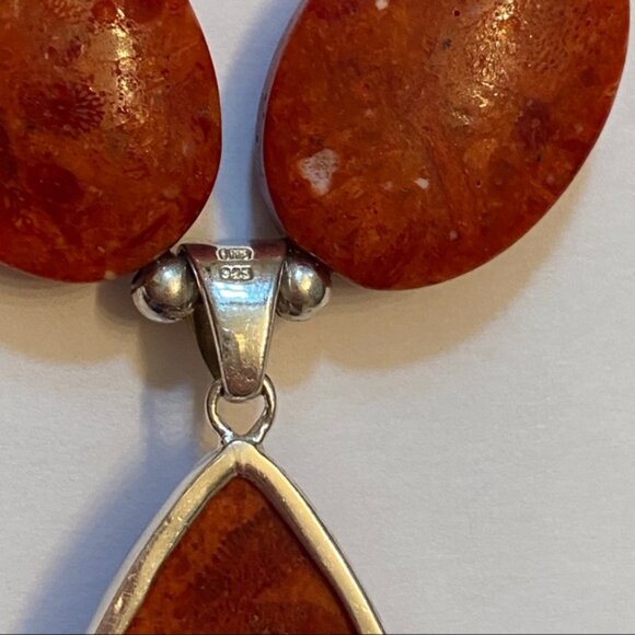 LUCAS LAMETH NECKLACE RED STONE CORAL 925 STERLING SILVER 18” SIGNED - Picture 5 of 7